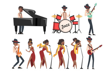 Fototapeta na wymiar Flat vector set of jazz artists characters isolated on white. Black man playing drums, grand piano, electric guitar, and saxophone. Woman singer in different poses
