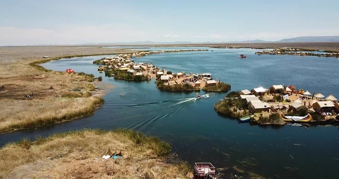 Aerial view of floating islands of Uros at Lake Titicaca video