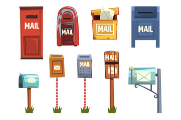 Mail boxes set, vintage postbox cartoon vector Illustrations