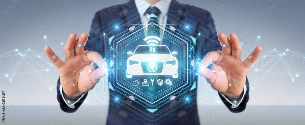 Poster businessman using modern smart car interface 3d rendering