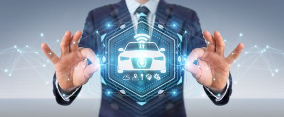 Businessman using modern smart car interface 3D rendering