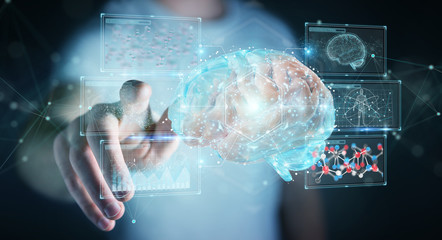 Businessman using digital 3D projection of a human brain 3D rendering