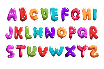 Set of colorful font in form balloons. Children s English alphabet. Letters from A to Z. ABC concept. Flat vector design for print, poster, invitation, card or flyer