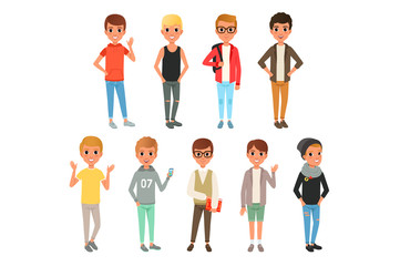 Set of cute boys characters dressed in stylish casual clothing. Kids posing with smiling face expressions. Children wear. Cartoon flat vector design