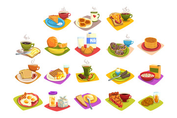 Classic breakfast ideas set. Cartoon illustration with coffee and toast with butter, fruits, milk and croissant, fried eggs and bacon, waffles with honey. Flat vector