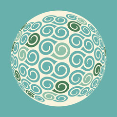 stylized planet with spiraling winds on its surface in blue green