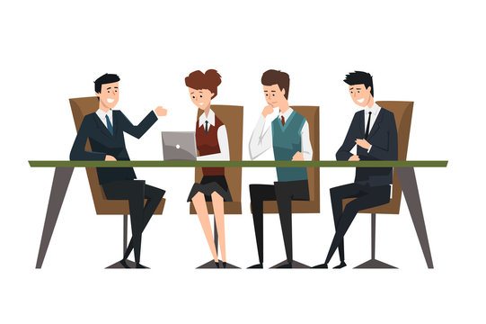 Group business people working in office. Men dressed in classic black suits and ties. Assistant work on laptop. Brainstorming or teamwork. Flat vector design