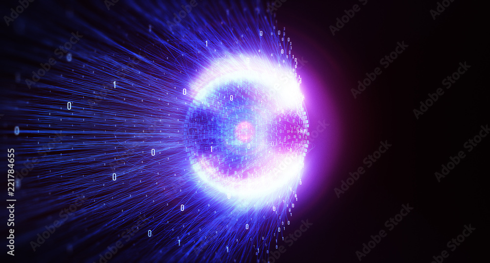 Poster Binary code background/Color  bytes of binary code flying through a vortex, background code depth of field