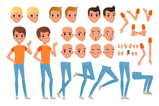 Teenager boy character constructor. Set of various male emotion faces, hairstyles, hands, gestures and legs. Flat design vector illustration