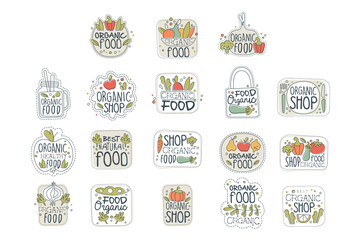 Fresh healthy organic vegan food logo labels set. Badges with natural products. Line art with colorful vegetables and greenery. Hand drawn vector with lettering