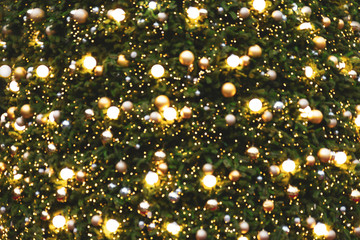 Abstract blur background of vintage Christmas tree with ball decoration - light bokeh from Xmas tree at night party in winter. vintage color tone
