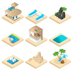 Isometry set of recreation on the beach in a warm country, vacation, travel, sea, sand, tourism. A large set of icons for creating your holiday