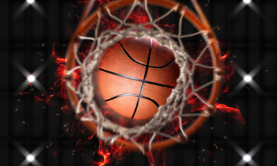 Fototapeta na wymiar 3d render Basketball fire through hoops vertical camera