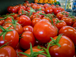 Fresh organic red tomatoes at a store