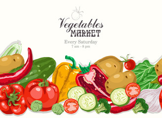 Vector background with vegetables: potatoes, broccoli, spinach, cucumber, tomato, pepper and garlic