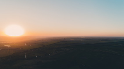Aerial view of the sunset. A balloon against the sunset. Sky. Ukraine.