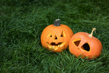 halloween pumpkin on grass. jack-o-lantern
