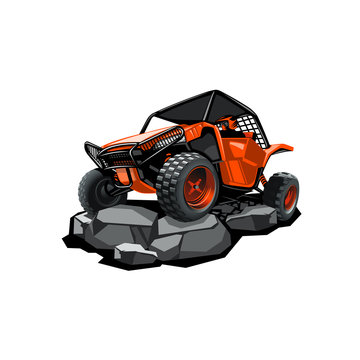 Off-Road ATV Buggy, rides in the mountains on the rocks. Red color.