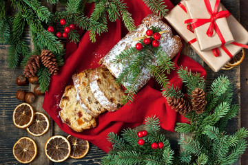 Christmas stollen with several ingredients. Top view