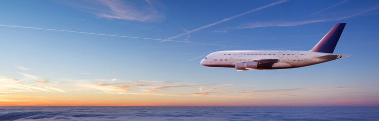 Obraz premium Ogromni dwupiętrowi pasażerowie latający nad chmurami