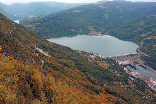 hydroelectric power plant Perucac on Drina river autumn season landscape Serbia