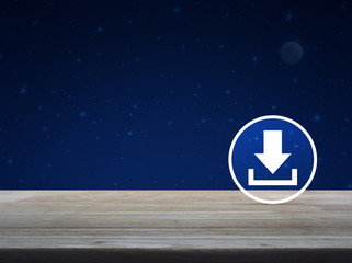 Download flat icon on wooden table over fantasy night sky and moon, Business technology and internet concept