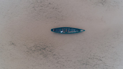 Aerial view of the boat in the lake. Summer. Day.