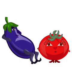 Happy eggplant and tomato resting, with faces, romance