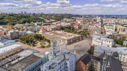 Aerial view of an abandoned building. Guest house. Trees. Contract Square. Kiev (Kyiv). Ukraine.