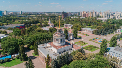 Aerial view of buildings. Park. Trees. VDNH.