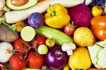 Assortment of fresh fruits and vegetables. Top view