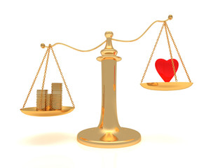 Heart and money on scales. Isolated 3D image