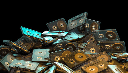 Obraz na płótnie Canvas 3d image of a stack of transparent audio cassettes, concept of obsolete technology and music.