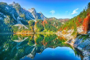 Beautiful view of idyllic colorful autumn scenery in Gosausee lake Austria