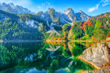 Beautiful view of idyllic colorful autumn scenery in Gosausee lake Austria