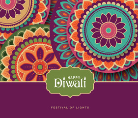 Diwali festival greeting card with colorful rangoli background