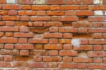 Background of old vintage dirty brick wall with peeling plaster, texture