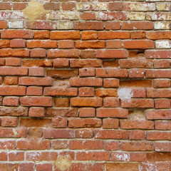 Fototapeta premium Background of old vintage dirty brick wall with peeling plaster, texture