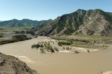 Place of the confluence of the rivers Katun and Chuya in Altai mountains. Siberia, Russia