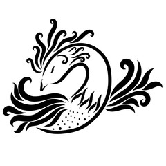 Patterned beautiful bird, magic animal, black sketch