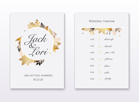 Wedding invitation cards with gold leafs. Save the date. Wedding timeline. Vector illustration.