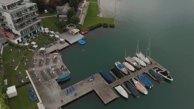 Aerial view of Velden Am Worthersee on beautiful lake Worthersee in Austria