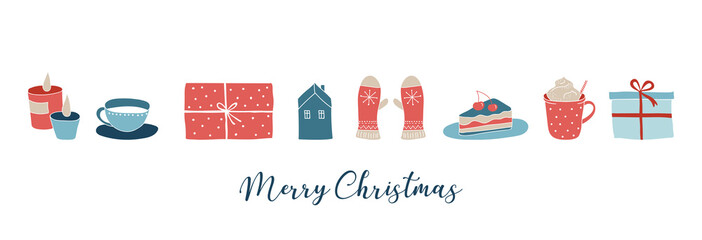 Scandinavian style, simple and stylish Merry Christmas greeting card with hand drawn elements, quotes, lettering