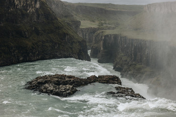 high angle view of steam above Gullfoss waterfall in Iceland