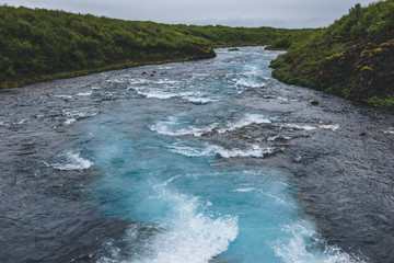 aerial view of Bruara river flowing through highlands in Iceland