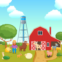 Cartoon concept on a agricultural theme. Rural scene with man and farm animals. Vector illustration
