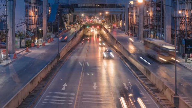 tunnel road night timelapse traffic in city at bangkok.