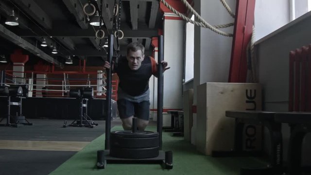 Sled push man pushing weights workout exercise at gym. Cross fit style