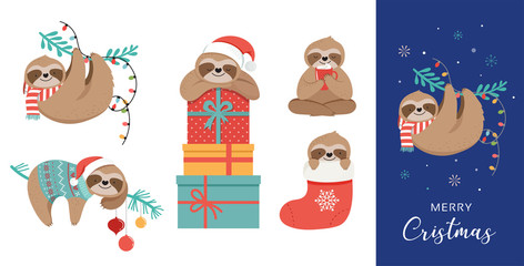 Cute sloths, funny Christmas illustrations with Santa Claus costumes, hat and scarfs, greeting cards set, banner