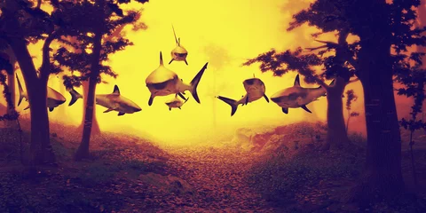 Haie schwimmen im Wald, Gruppe von Haien, die in nebliger Fantasielandschaft fliegen, © dottedyeti